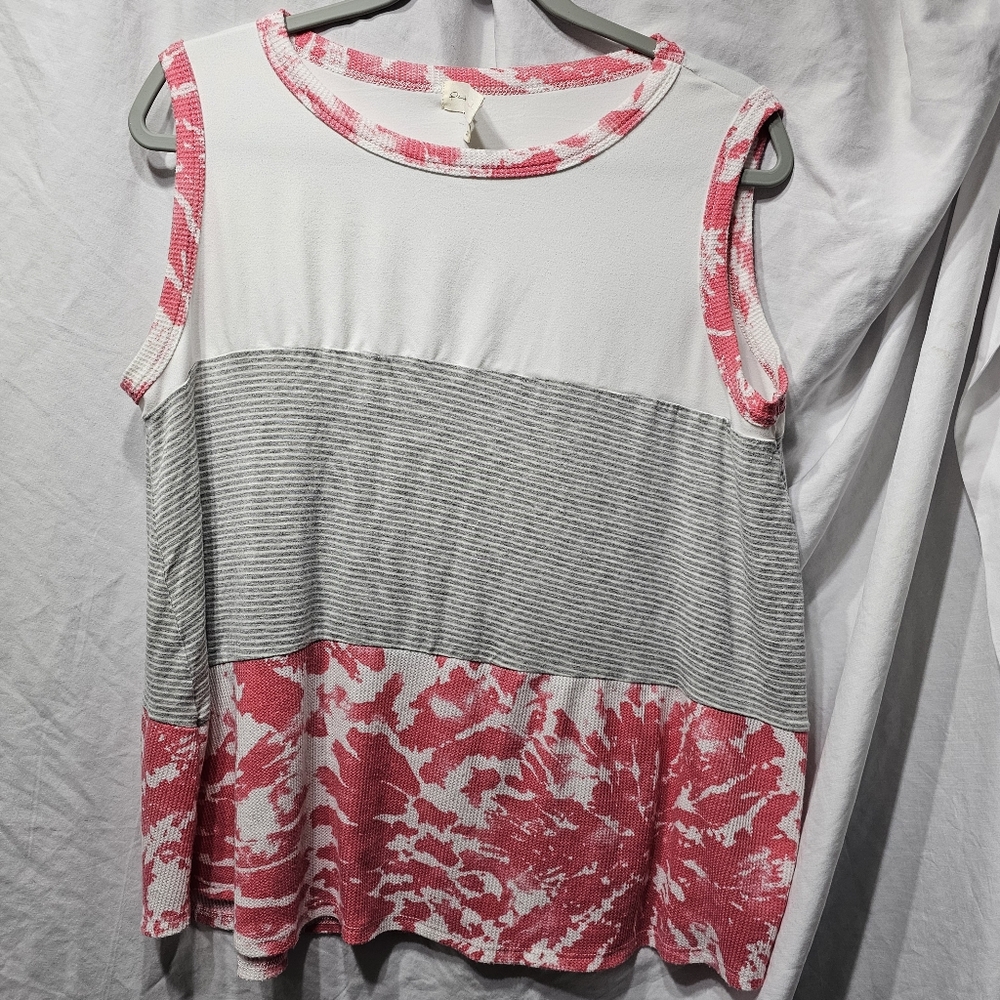 Perfect Peach Mixed Print Floral/Stripe Tank Top Shirt Women's Large Y2K Pink